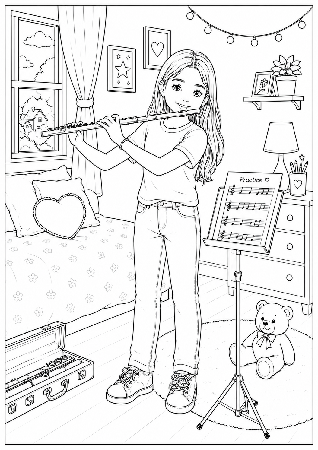 Tayla playing the flute colouring page